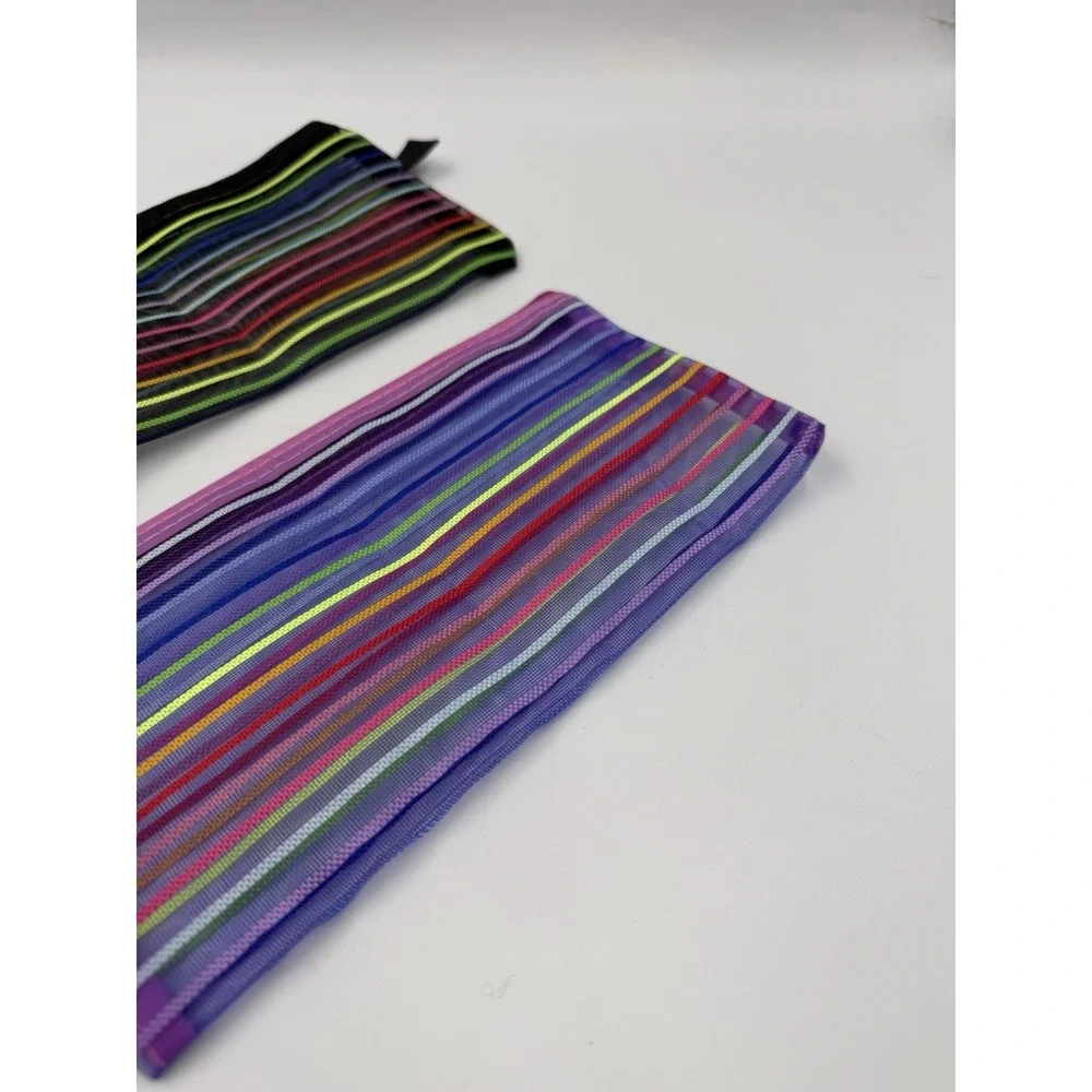 Lot Of 2 Mesh Multi-Color  Striped Pencil Case, Makeup Bags NEW No Tags 9
